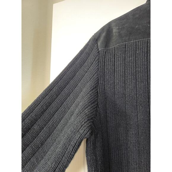 Vintage Cactus Black Leather Front Zip Knit Sweater Bomber Jacket, Men's Medium - Picture 11 of 13